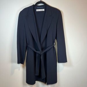Trixi Schober 100% New Wool Belted Long Blazer Jacket  Navy Blue Pockets  Size 6